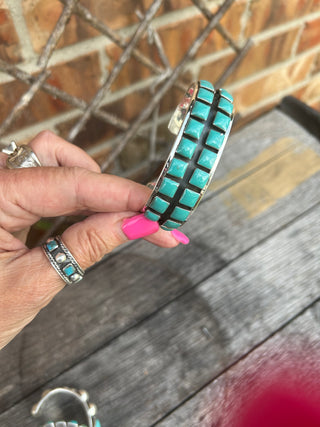 Double Row Square Stone Sterling & Turquoise Cuff Bracelet