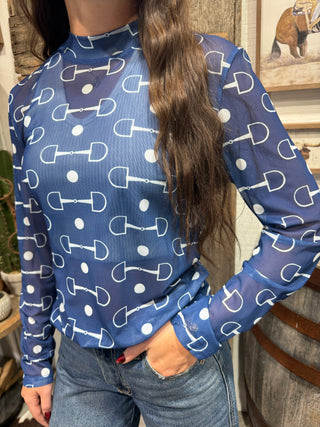 Navy Snaffle Bit Mesh Top | Western Long Sleeve