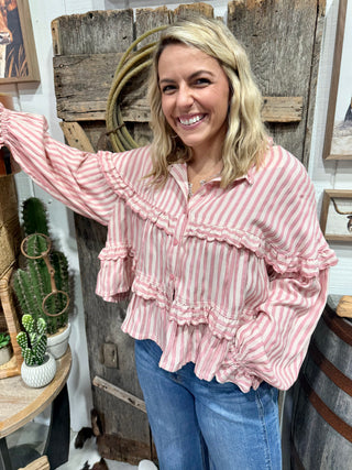 Pink Stripe Ruffle Blouse for Women | Boho Cowgirl Peplum Top