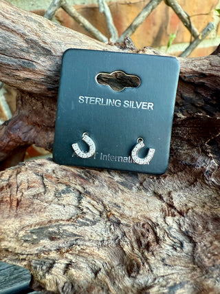 Mini Sterling Silver Horse Shoe Stud Rhinestone Earrings