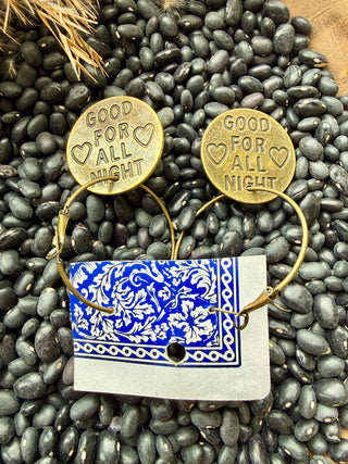 Brothel Coin-Vintage Brass Western Coin Hoop Earrings – Chicken Ranch & Good For All Night