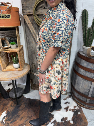 Floral Cowboy Print Shirt Dress | Western Button Down Dress with Horses & Cactus-Turquoise Haven