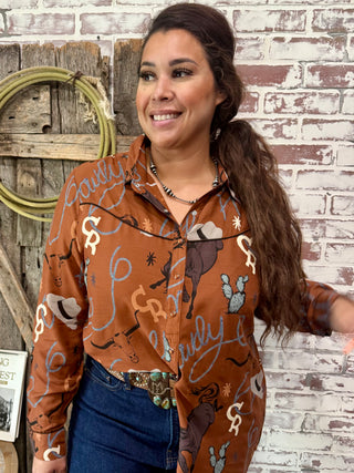 Rust Western Rodeo Print Button Up Shirt – Cowgirl Graphic Blouse