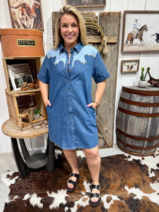 Western Denim Shirt Dress for Women – Cowgirl Button Down Dress with Pockets, Short Sleeve Chambray Western Outfit