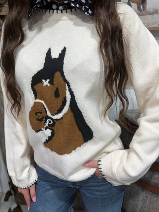 Saddle Sweetheart Horse Knit Blanket Stitch Western Sweater