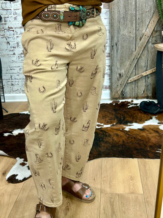 Khaki Western Print Barrel Jeans