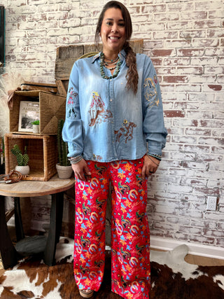 Yeehaw Red Western Print Wide Leg Pants – Cowgirl Rodeo Graphic Trousers