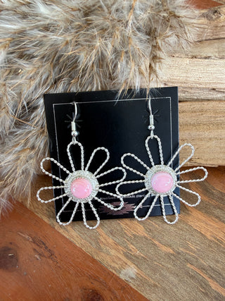 Native American Pink Conch Sterling Silver Flower Dangle Earrings-D.Duboise