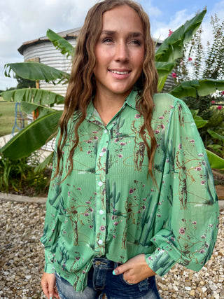 Turquoise Haven Mesh Cactus Print Western Top | Desert Cowgirl Button Front Blouse