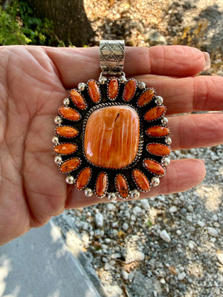 Darlene Begay Orange Spiny Oyster Cluster Sterling Silver Pendant