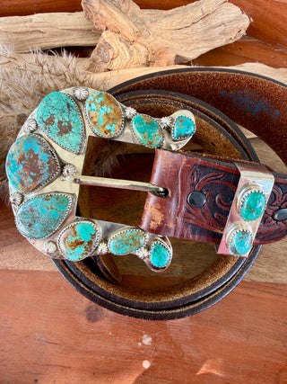 Genuine Turquoise Artisan Custom Statement Buckle & Keeper Set