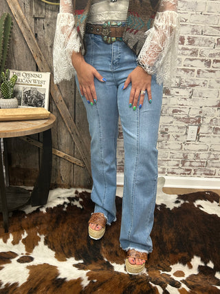 Vintage Stone Wash High Rise Middle Seam Wide Leg Jeans (32 inch Inseam)