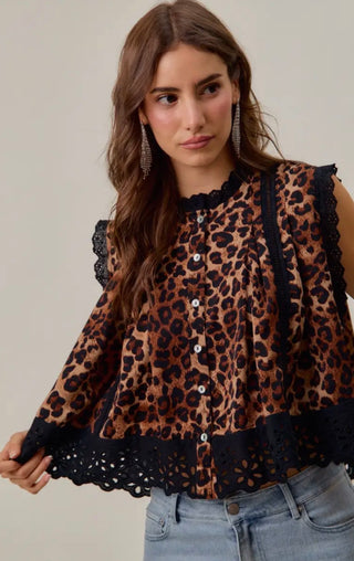 Leopard Lace Trim Flutter Top | Boho Animal Print Button Front Blouse