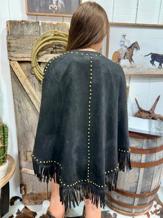 Faux Suede Studded Fringe Cape