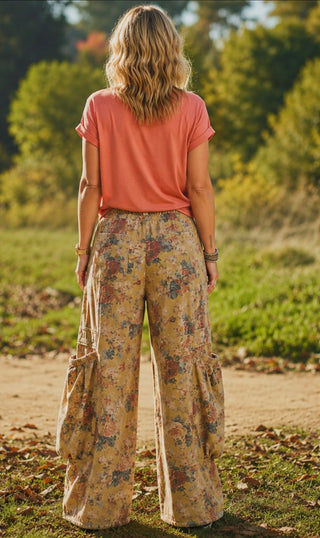 Floral Balloon Pocket Wide Leg Cargo Pants for Women – Boho Drawstring Pocket Pants