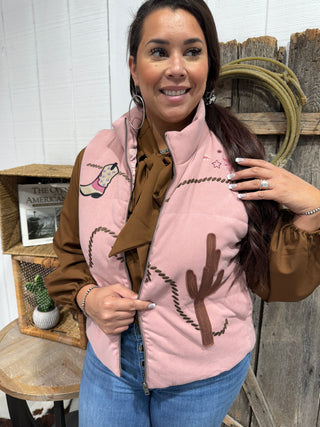 Cowgirl Trail Embroidered Vest – Pink Western Puffer with Cactus & Boot Design
