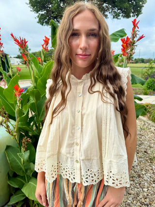 Cream Eyelet Oversized Summer Top | Boho Lace Trim Sleeveless Blouse