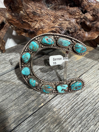 Tibetan German Silver Horseshoe Belt Buckle with Kingman Turquoise | Western Statement Buckle
