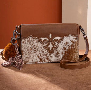 Trinity Ranch Hair-On Hide Crossbody Bag with Fleur-de-Lis Detail – Brown