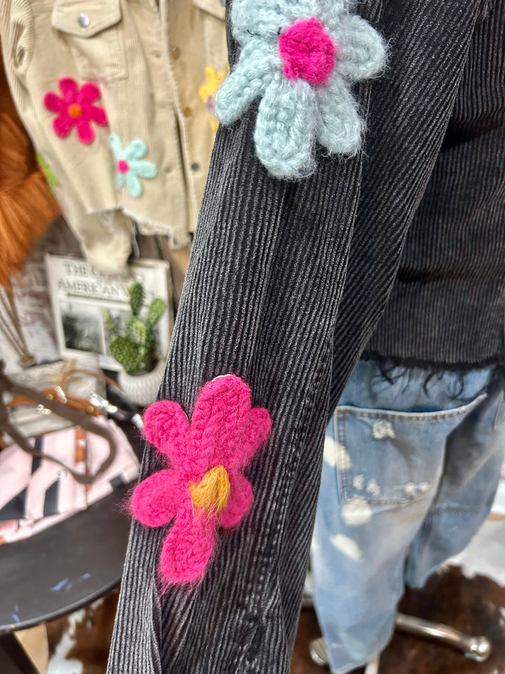 Distressed Corduroy Jacket with Multi Colored Flower Crochet Patches- Two Colors