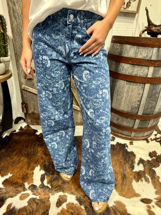 Horse Abstract Print Wide Leg Jeans | Mid Rise Western Statement Denim