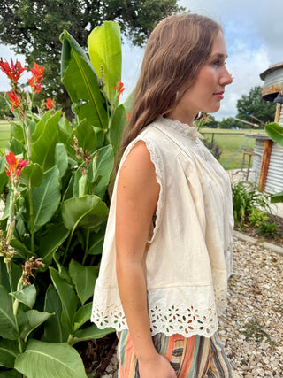 Cream Eyelet Oversized Summer Top | Boho Lace Trim Sleeveless Blouse