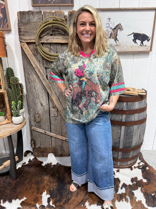 Camo Jersey Knit Varsity Rodeo Top | Western Cowboy Graphic Tee