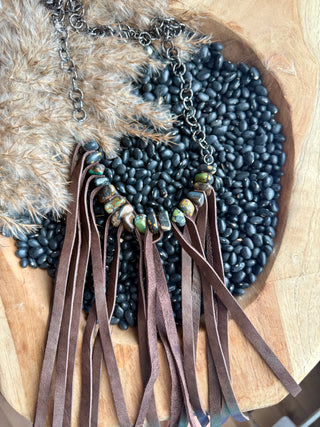 Leather Fringe & Turquoise Nugget Necklace – Western Cowgirl Statement Jewelry