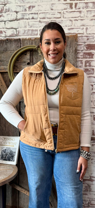 Saddle Tan Faux Suede Boot Stitch Western Puffer Vest