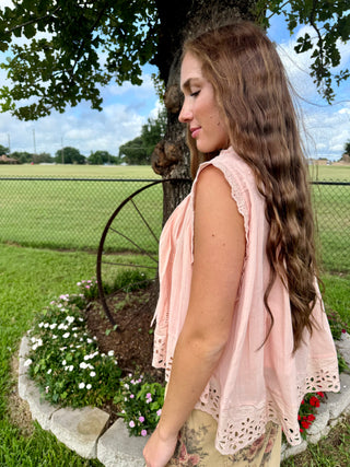 Peach Eyelet Oversized Summer Top | Boho Lace Trim Sleeveless Blouse