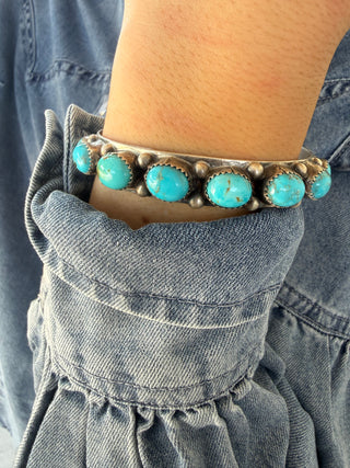 Donovan Nez Kingman Turquoise Sterling Silver Ten-Stone Navajo Cuff Bracelet