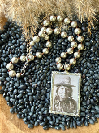 Hand Soldered Faux Navajo Pearl Statement Necklace with Vintage Native Portrait Pendant | Western Boho Silver Bead Necklace