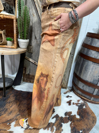 Howdy Cowboy Western Graphic Jeans | Vintage Horse & Rodeo Print High Waist Cowgirl Pants