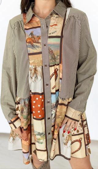 Western Collage Patchwork Cowboy Shirt Dress – Rodeo Print Button Front Tunic