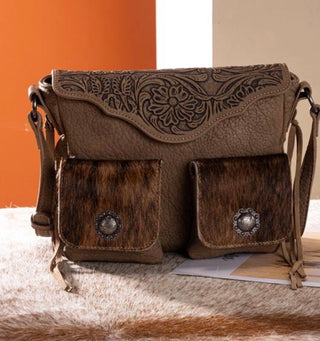 Trinity Ranch Hair-On Hide Crossbody Bag with Concho Pockets- Khaki