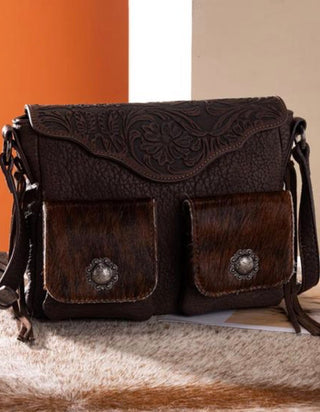 Trinity Ranch Hair-On Hide Crossbody Bag with Concho Pockets- Coffee