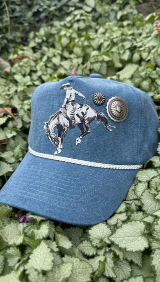 Vintage Rodeo Cowboy Denim Cap with Conchos| Western Cowgirl Trucker Hat