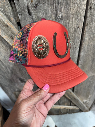 Burnt Orange Western Horseshoe Trucker Hat with Concho Accent | Women’s Boutique Cap