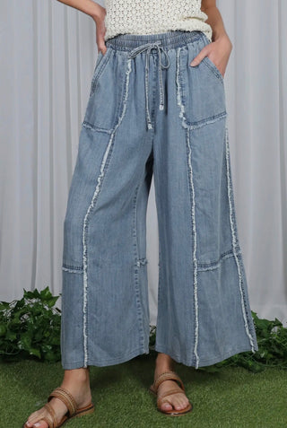 High-Waisted Wide Leg Chambray Cropped Pants | Tencel Denim Drawstring Pants