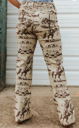 Cowgirl Rodeo Scene Wide Leg Pants – Western Print Trouser Jeans