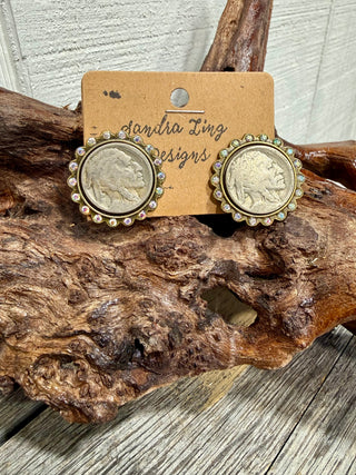 Sandra Ling Designs Buffalo Nickel Rhinestone Stud Earrings | Western Cowgirl Statement Earrings