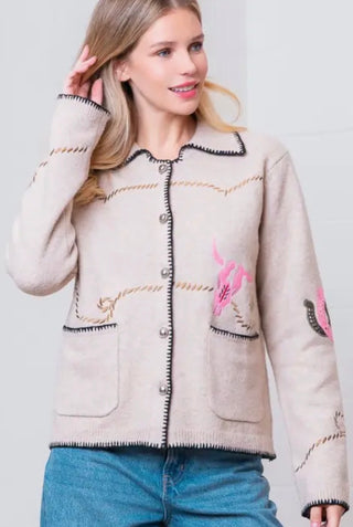 Western Embroidered Sweater Jacket | Oatmeal Button Front