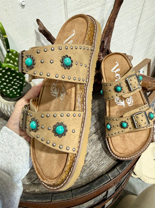 Very G Jordyn Turquoise Concho Studded Sandals | Western Cowgirl Double Buckle Slides