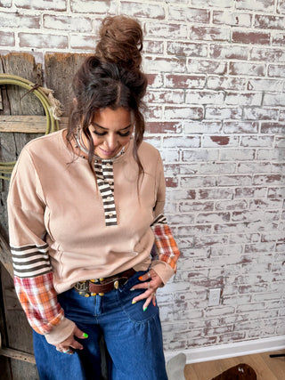 Long Sleeve Waffle Knit Plaid Henley