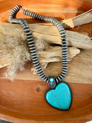 Turquoise Heart Pendant Navajo Pearl Necklace – 24”