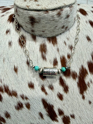 Paperclip Chain Barrel Bead Choker Necklace with Turquoise Accents & Sterling Silver Details