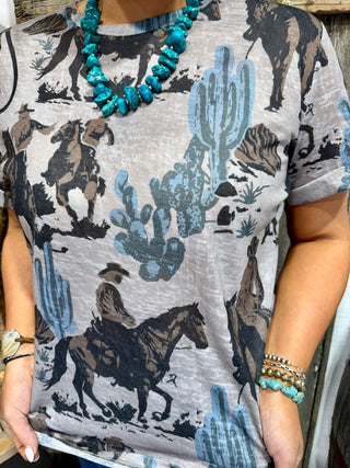 Dust It Off Cowboy Graphic Tee – Western Rodeo Cactus Print Top for Women-close up 