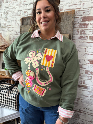 Good Luck Charms Graphic Sweatshirt – Horseshoe, Four Leaf Clover & Casino Charm Pullover