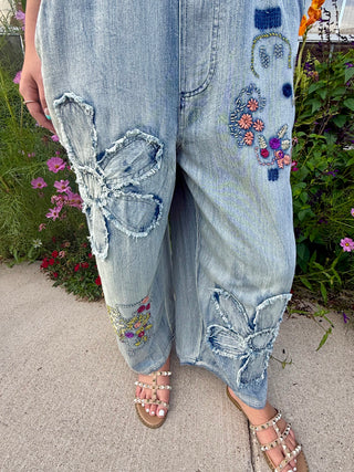Patches on Vintage Flower Patch Denim Overalls | Boho Embroidered Wide Leg Jumpsuit