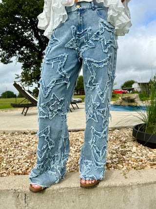 Star Patch Boho Denim Jeans | Loose Fit Frayed Star Wide Leg Jeans
